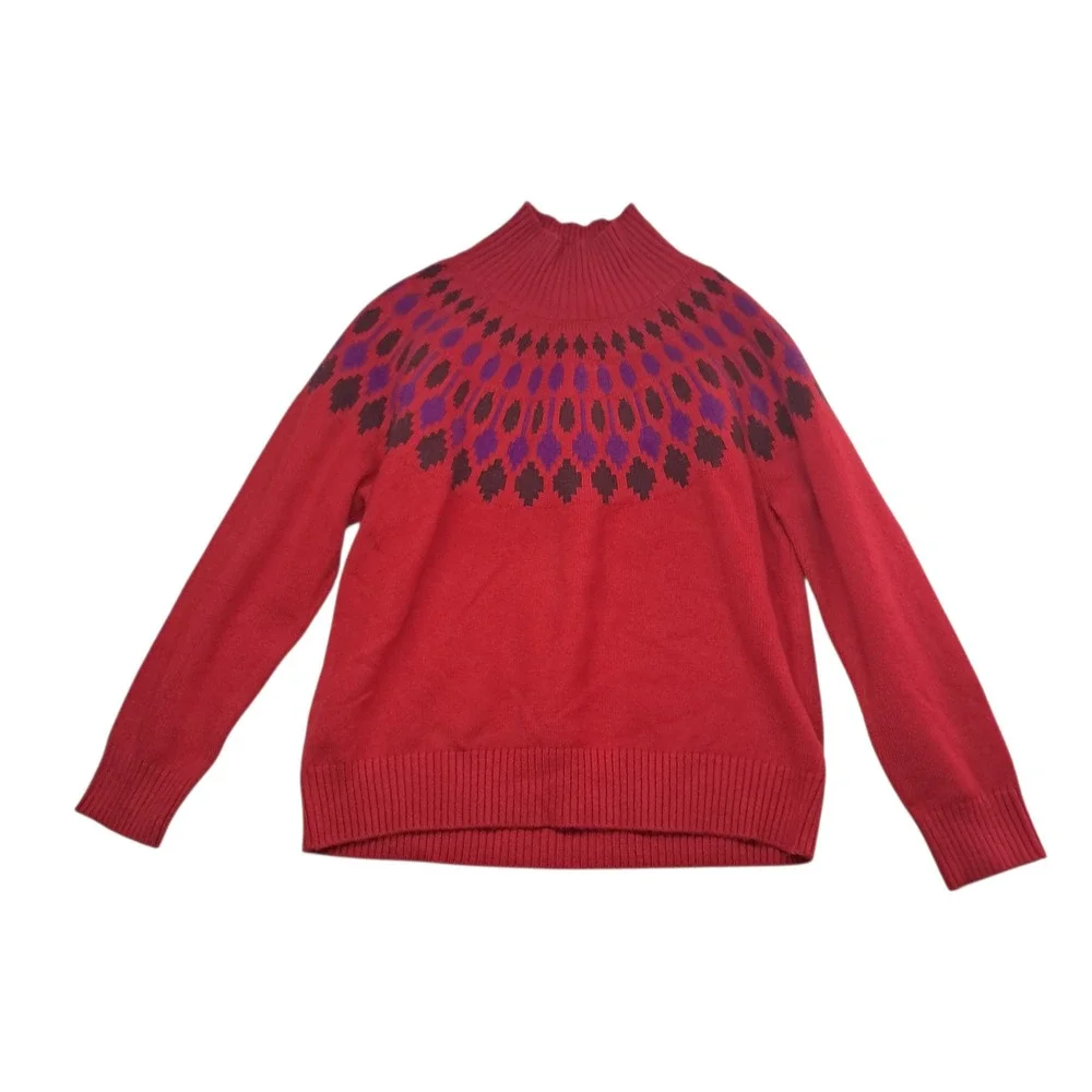 Ann Taylor Sweater Women's XXL Red Fair Isle‎ Mock Neck Wool Blend Winter